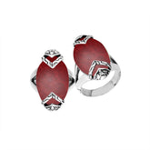 Elegant Sterling Silver Marquise Shape Ring With Red Coral And Cubic Zirconia In Balinese Design